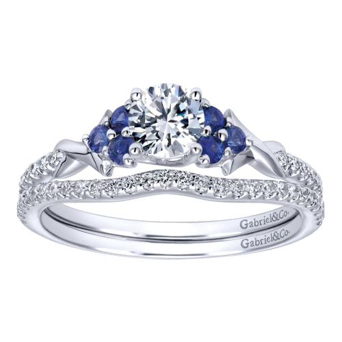 14K White Gold Round Sapphire and Diamond Complete Engagement Ring