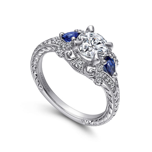 14K White Gold Round Sapphire and Diamond Engagement Ring