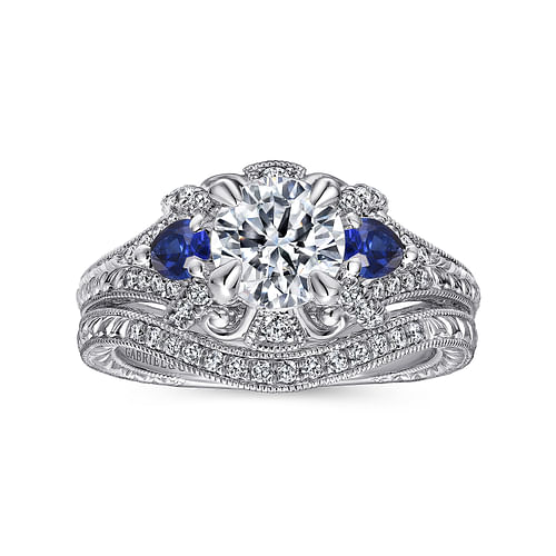 14K White Gold Round Sapphire and Diamond Engagement Ring