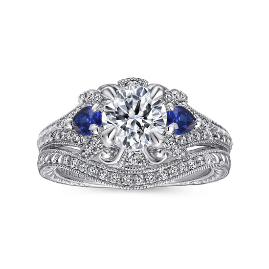 14K White Gold Round Sapphire and Diamond Engagement Ring angle 4