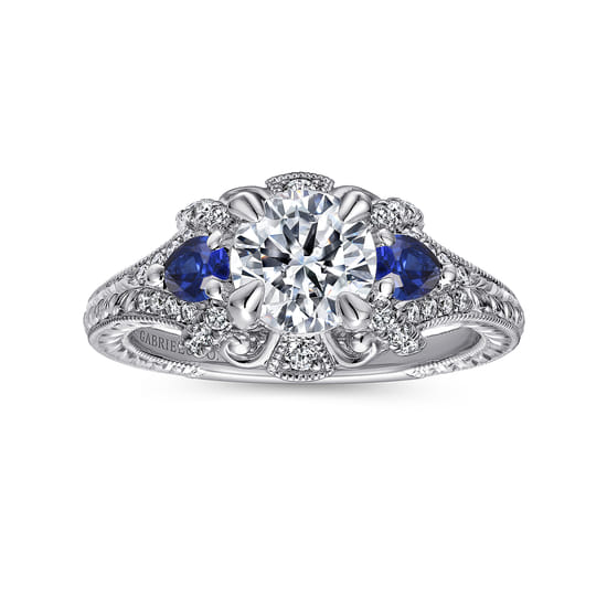 14K White Gold Round Sapphire and Diamond Engagement Ring angle 5