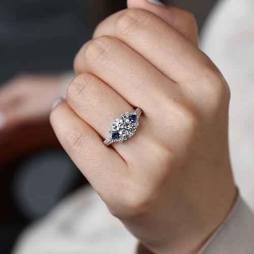 14K White Gold Round Sapphire and Diamond Engagement Ring