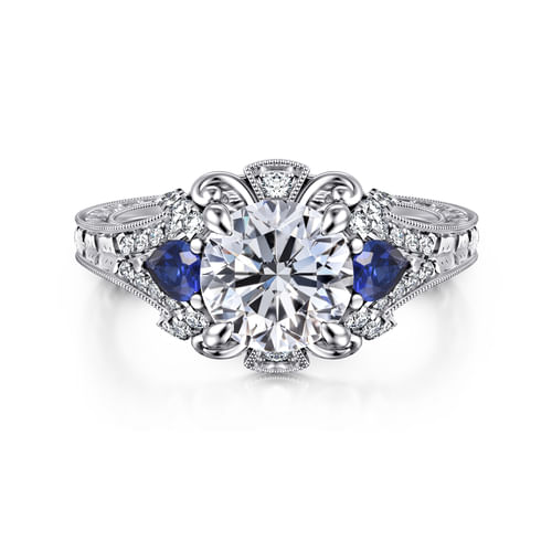 14K White Gold Round Sapphire and Diamond Engagement Ring