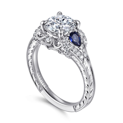 14K White Gold Round Sapphire and Diamond Engagement Ring
