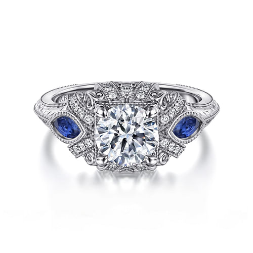 14K White Gold Round Sapphire and Diamond Engagement Ring