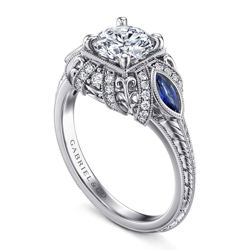 14K White Gold Round Sapphire and Diamond Engagement Ring