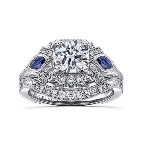 14K White Gold Round Sapphire and Diamond Engagement Ring