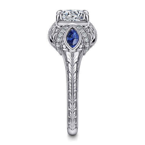 14K White Gold Round Sapphire and Diamond Engagement Ring