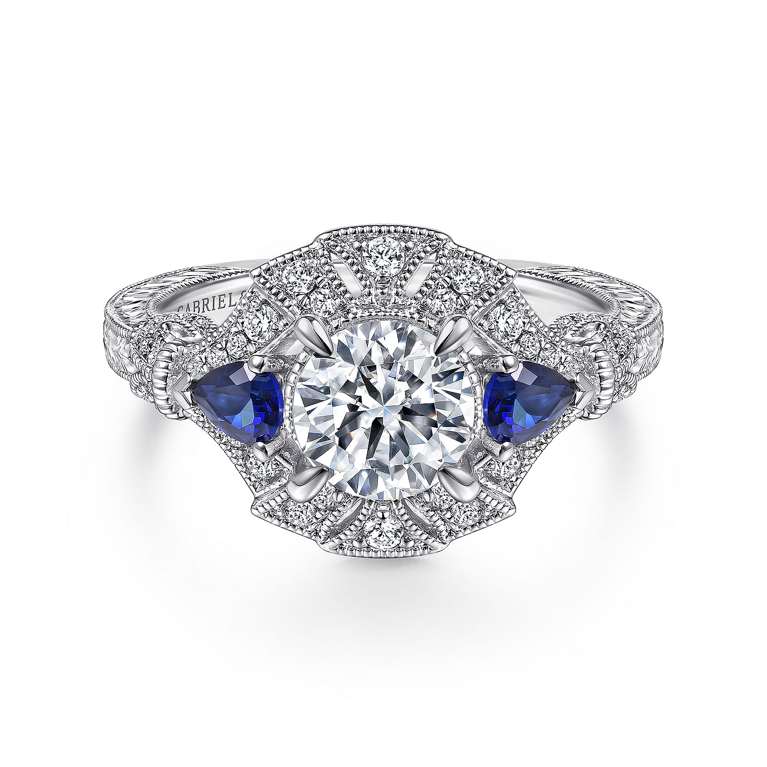 Gabriel - 14K White Gold Round Sapphire and Diamond Engagement Ring