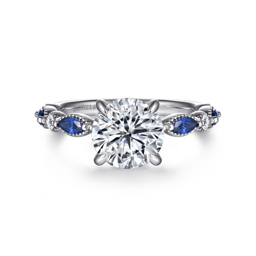 14K White Gold Round Sapphire and Diamond Engagement Ring