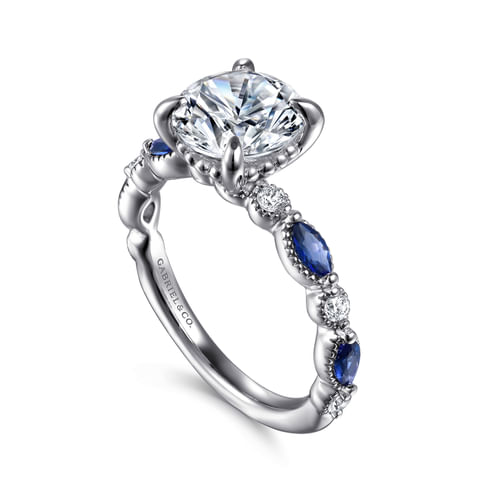 14K White Gold Round Sapphire and Diamond Engagement Ring