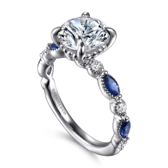 14K White Gold Round Sapphire and Diamond Engagement Ring angle 3