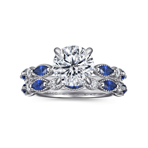 14K White Gold Round Sapphire and Diamond Engagement Ring