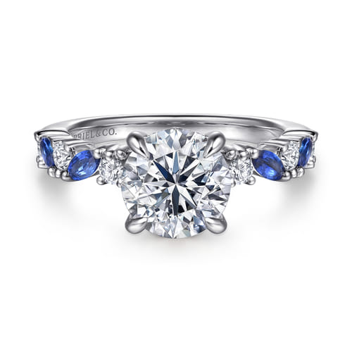 14K White Gold Round Sapphire and Diamond Engagement Ring