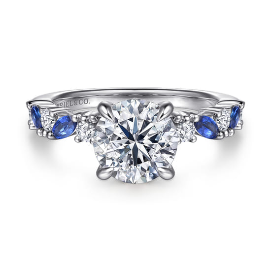 14K White Gold Round Sapphire and Diamond Engagement Ring
