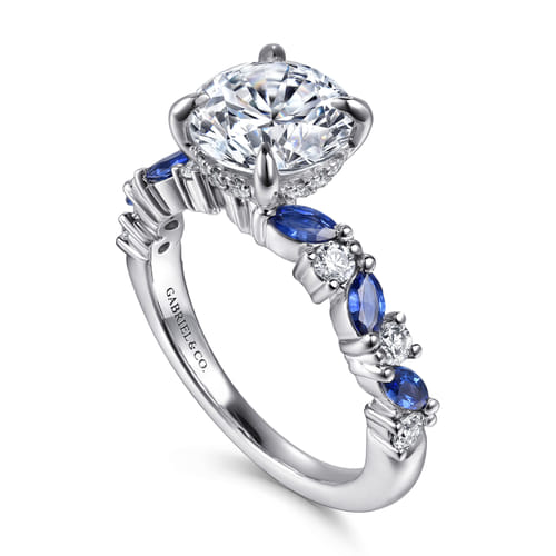14K White Gold Round Sapphire and Diamond Engagement Ring