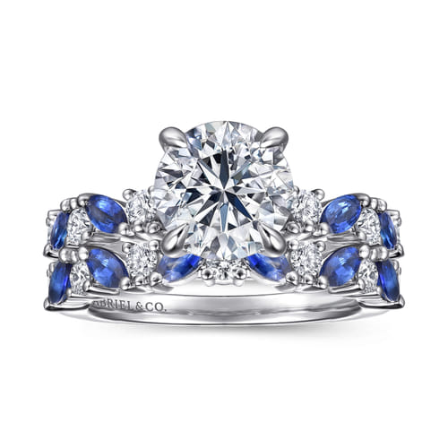 14K White Gold Round Sapphire and Diamond Engagement Ring