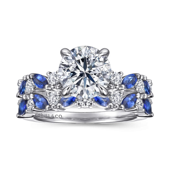 14K White Gold Round Sapphire and Diamond Engagement Ring angle 4