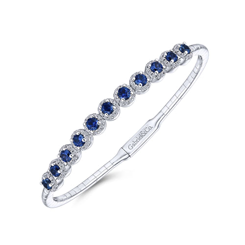 14K White Gold Round Sapphire and Diamond Halo Bangle