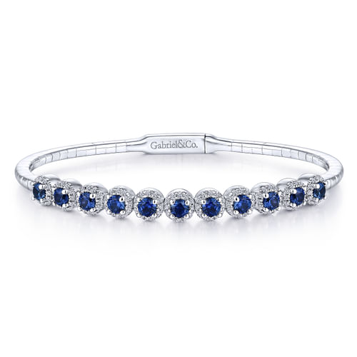 14K White Gold Round Sapphire and Diamond Halo Bangle