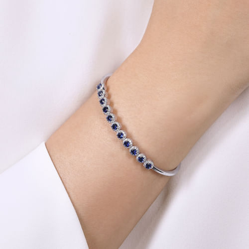 14K White Gold Round Sapphire and Diamond Halo Bangle
