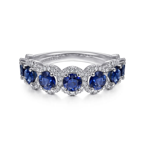 14K White Gold Round Sapphire and Diamond Halo Ring