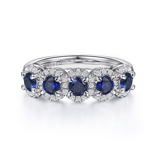 14K White Gold Round Sapphire and Diamond Halo Station Anniversary Band