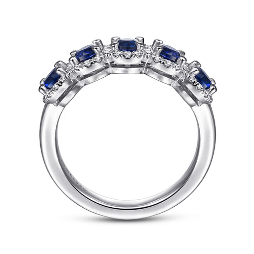 14K White Gold Round Sapphire and Diamond Halo Station Anniversary Band