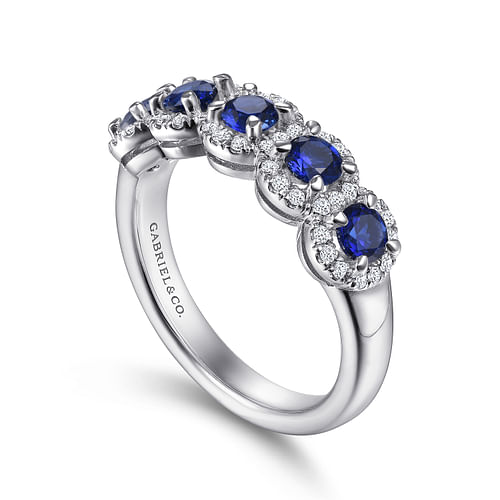 14K White Gold Round Sapphire and Diamond Halo Station Anniversary Band