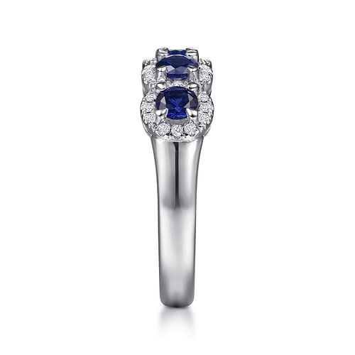 14K White Gold Round Sapphire and Diamond Halo Station Anniversary Band