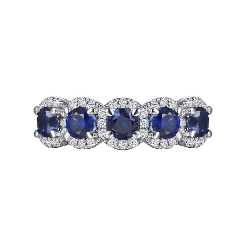 14K White Gold Round Sapphire and Diamond Halo Station Anniversary Band