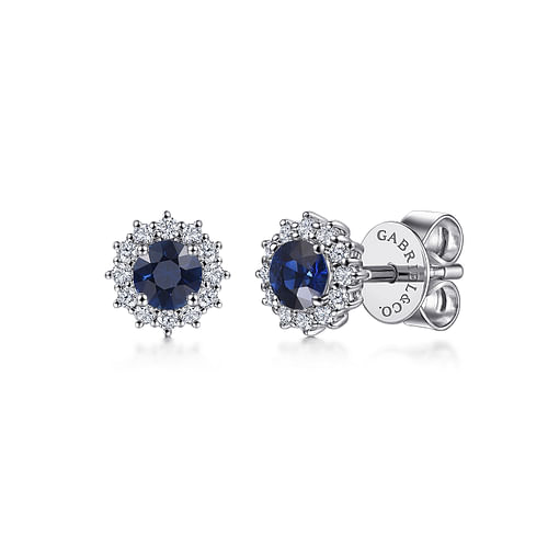 14K White Gold Round Sapphire and Diamond Halo Stud Earrings