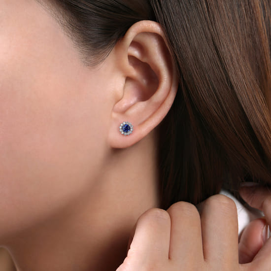 14K White Gold Round Sapphire and Diamond Halo Stud Earrings angle 2