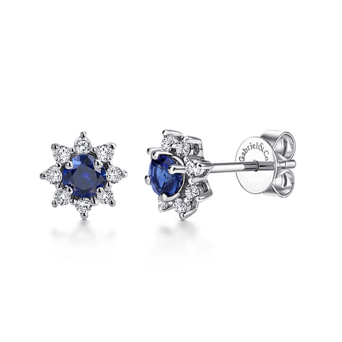 14K White Gold Round Sapphire and Diamond Halo Stud Earrings