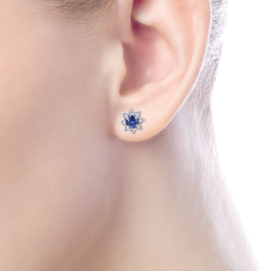 14K White Gold Round Sapphire and Diamond Halo Stud Earrings angle 2