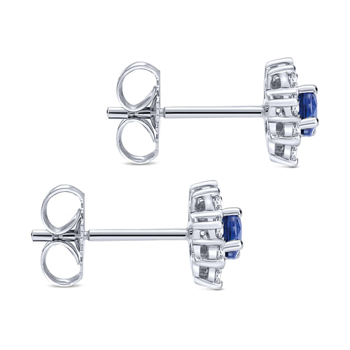 14K White Gold Round Sapphire and Diamond Halo Stud Earrings