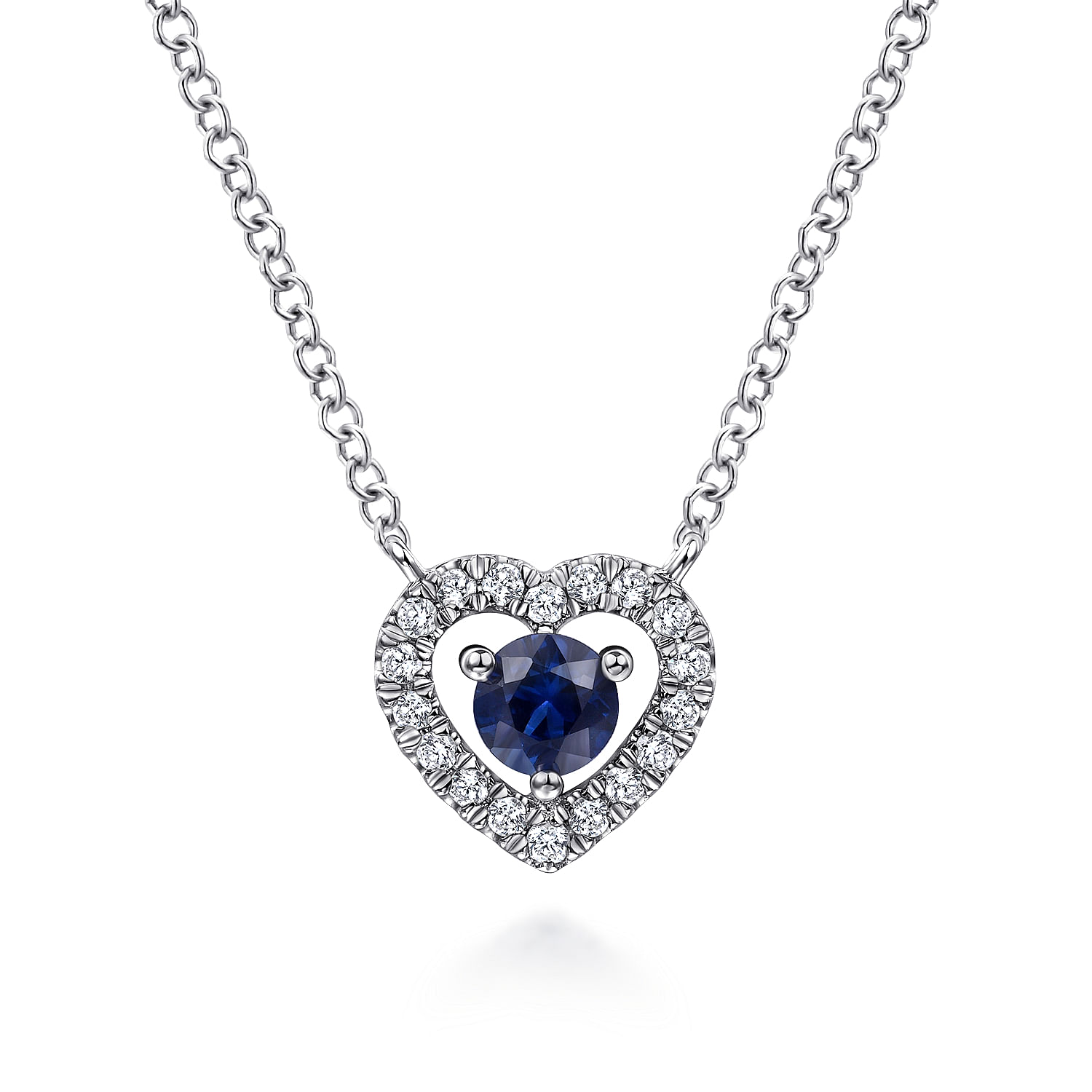 14K White Gold Round Sapphire and Diamond Heart Pendant Necklace