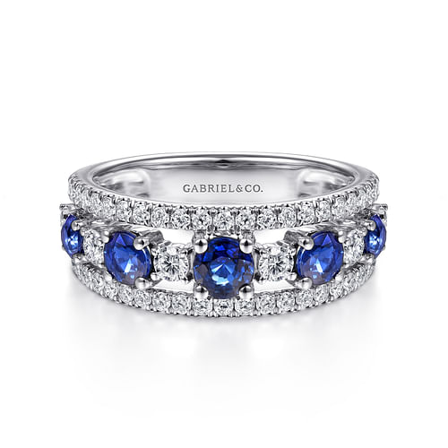 14K White Gold Round Sapphire and Diamond Ring