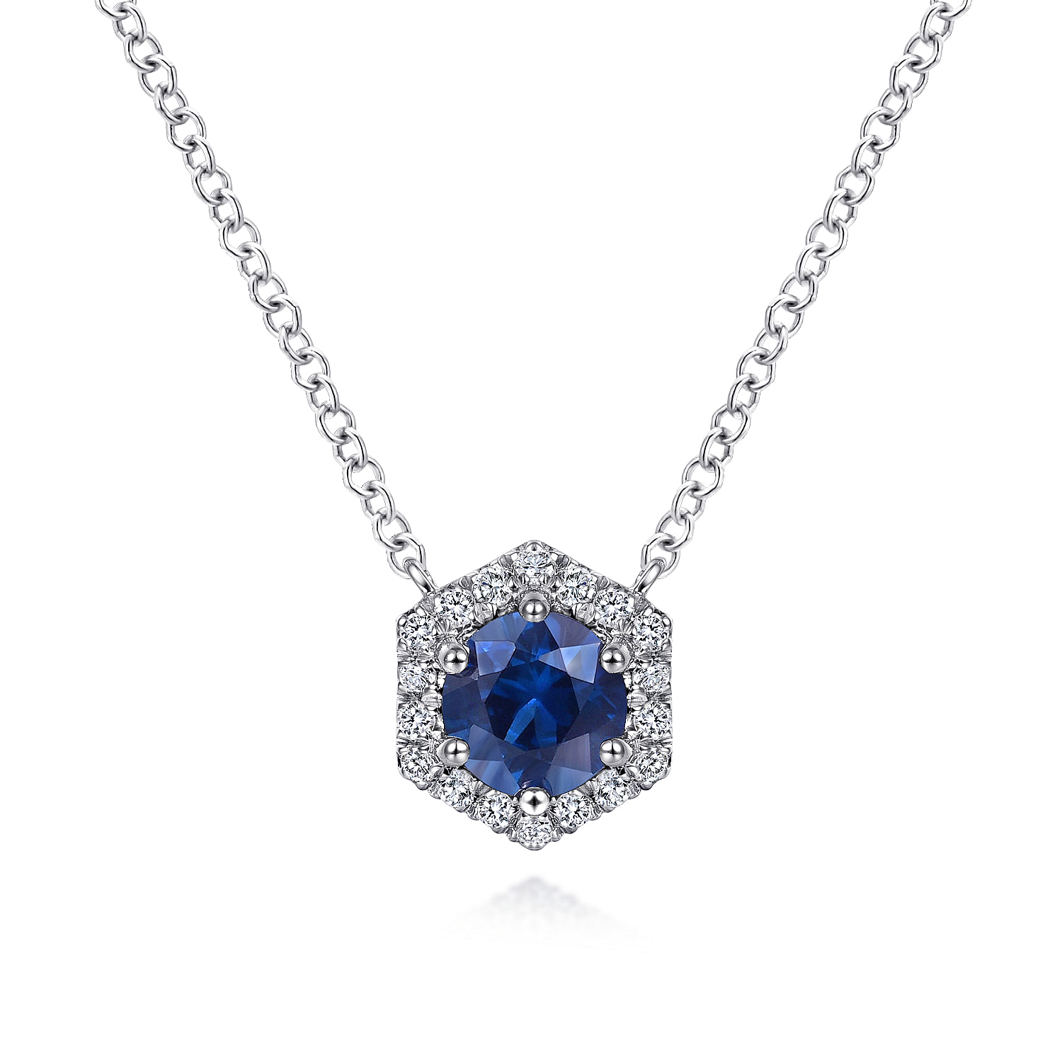 14K White Gold Round Sapphire and Hexagonal Diamond Halo Pendant Necklace