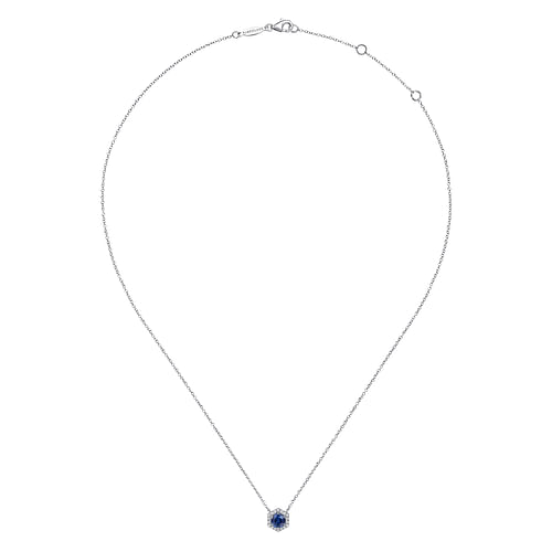 14K White Gold Round Sapphire and Hexagonal Diamond Halo Pendant Necklace