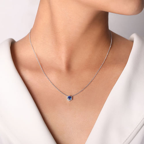 14K White Gold Round Sapphire and Hexagonal Diamond Halo Pendant Necklace