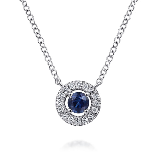 14K White Gold Round Sapphire and Pavé Diamond Halo Necklace