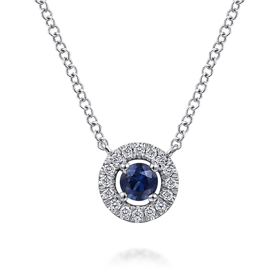 Gabriel - 14K White Gold Round Sapphire and Pavé Diamond Halo Necklace