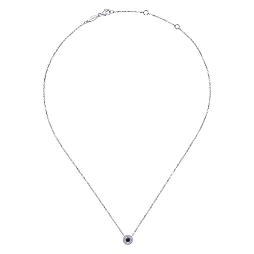 14K White Gold Round Sapphire and Pavé Diamond Halo Necklace