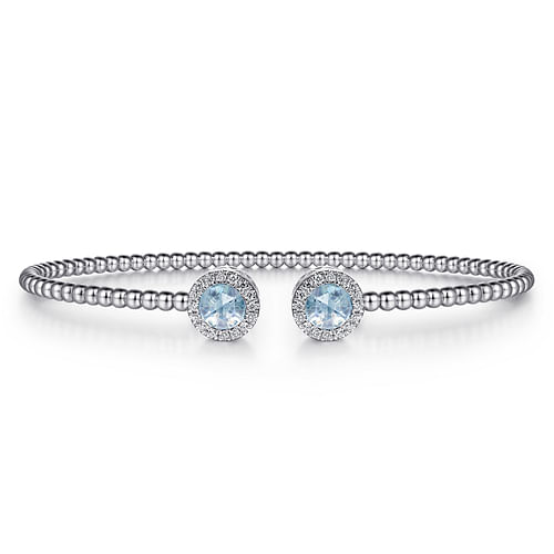 14K White Gold Round Sky Blue Topaz and Diamond Halo Bujukan Bangle