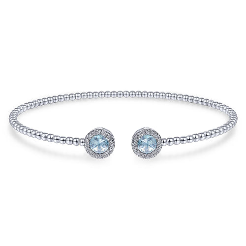 14K White Gold Round Sky Blue Topaz and Diamond Halo Bujukan Bangle