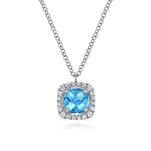 14K White Gold Round Swiss Blue Topaz Diamond Halo Pendant Necklace