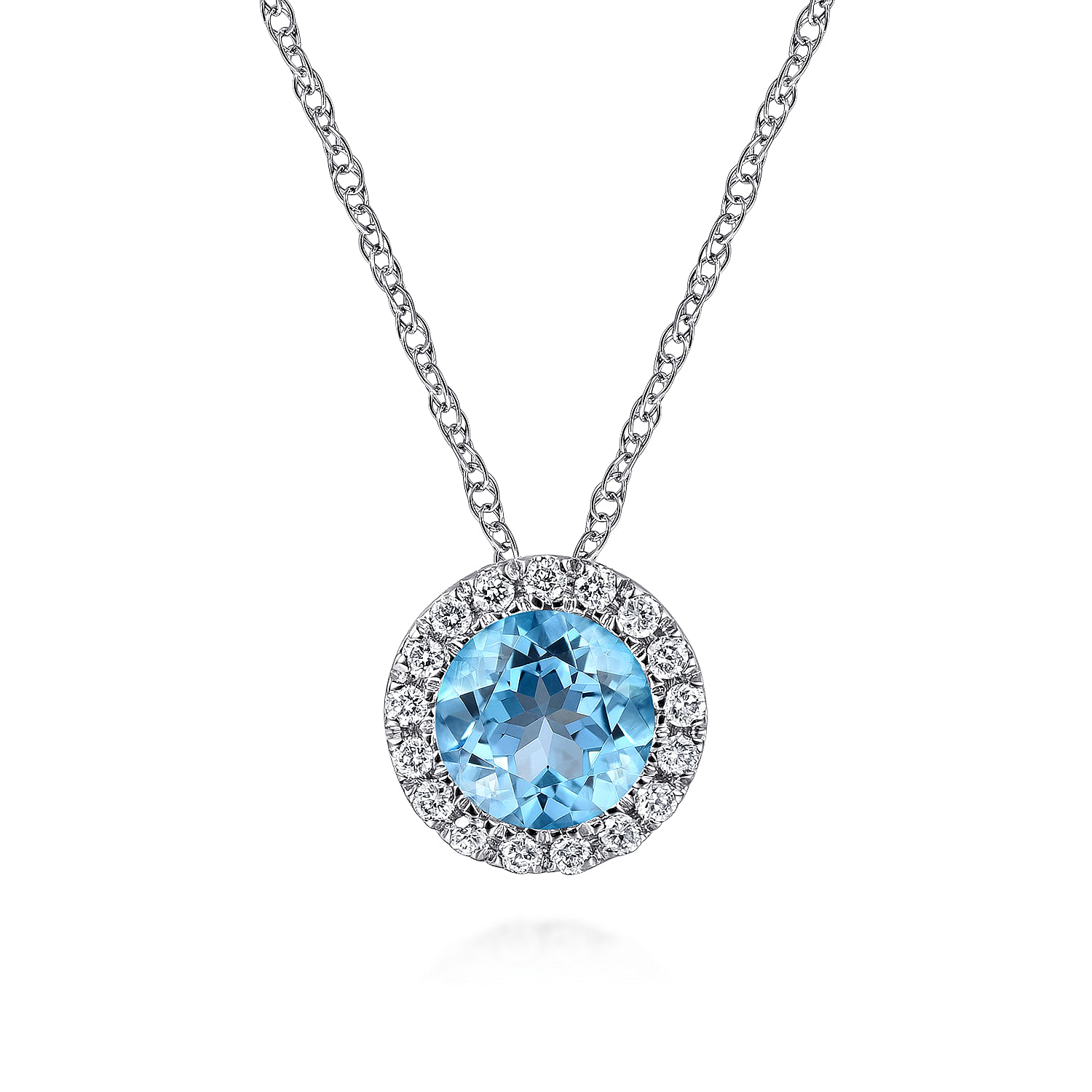 Gabriel - 14K White Gold Round Swiss Blue Topaz and Diamond Halo Pendant Necklace