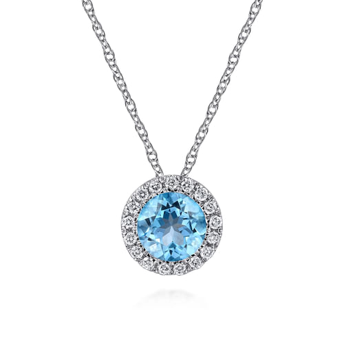 14K White Gold Round Swiss Blue Topaz and Diamond Halo Pendant Necklace