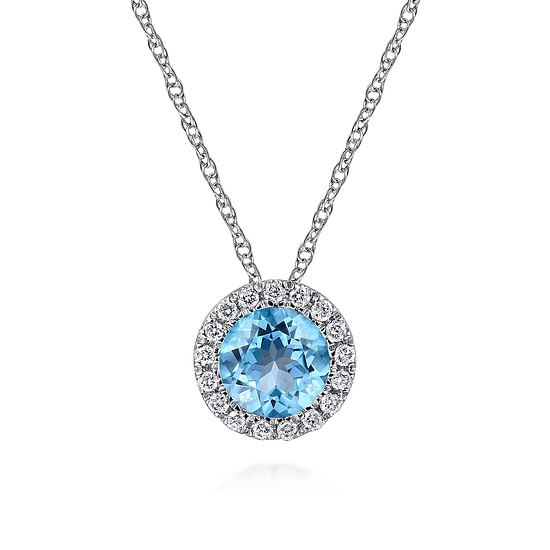 Gabriel - 14K White Gold Round Swiss Blue Topaz and Diamond Halo Pendant Necklace